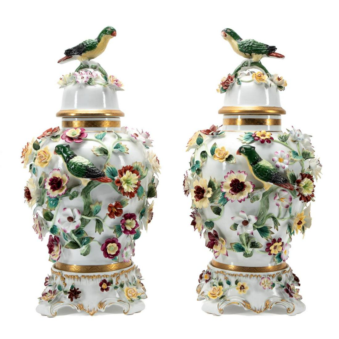 PAIR, DRESDEN PORCELAIN FLORAL RELIEF LIDDED URNS (1 of 8)