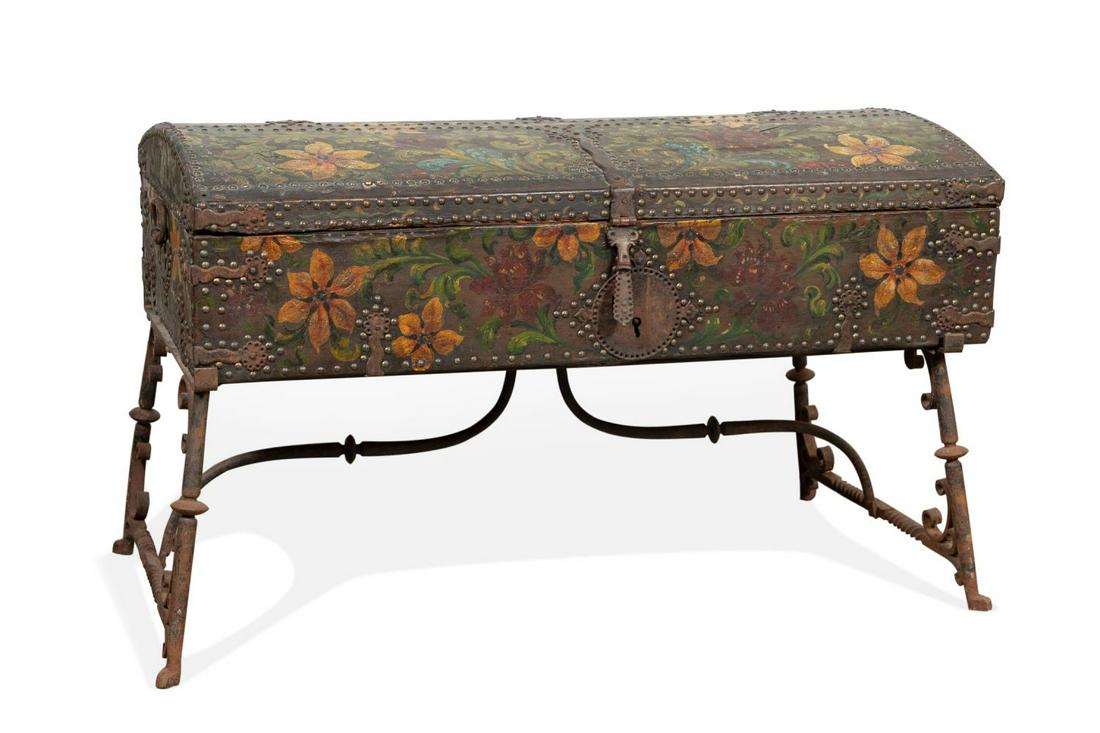 FLORAL PAINTED IRON BOUND DOME TRUNK ON STAND (1 of 7)