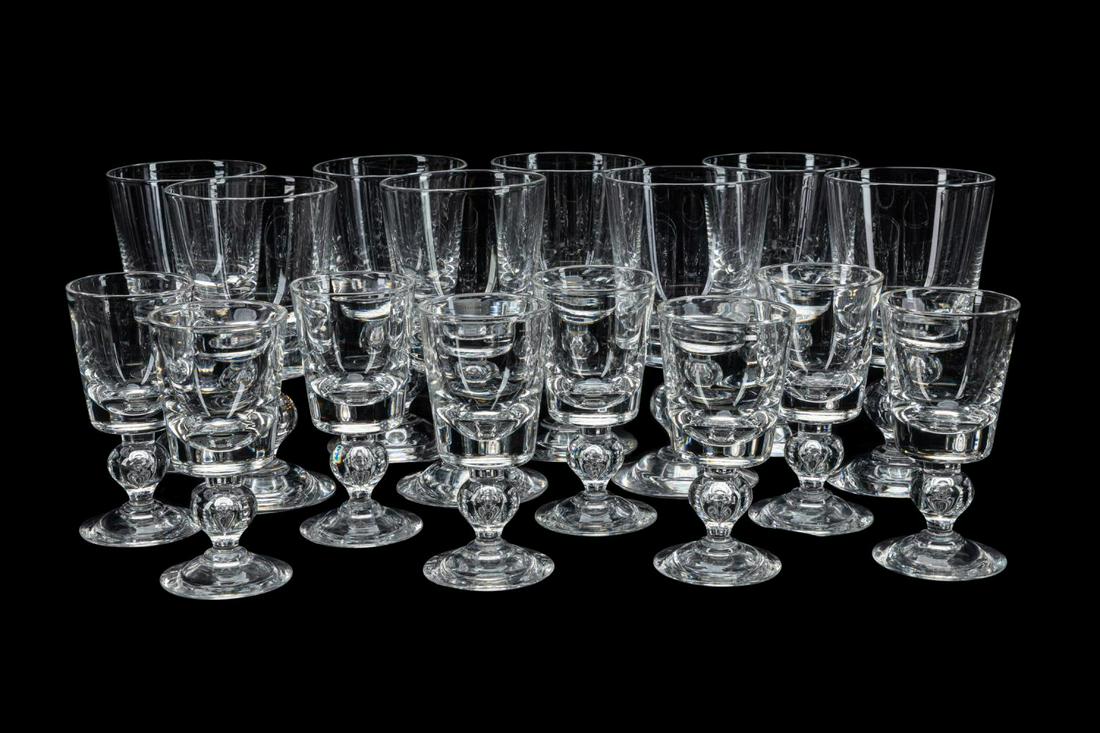 SET OF STEUBEN GLASS PATTERN 7926 STEMWARE, 16PC: Steuben Glass sixteen piece set of colorless glass stemware, pattern 7926, George Thompson designer (American, 1913-1981), comprising eight goblets (h. 6.5"), and eight wine glasses (h. 5"), each havi