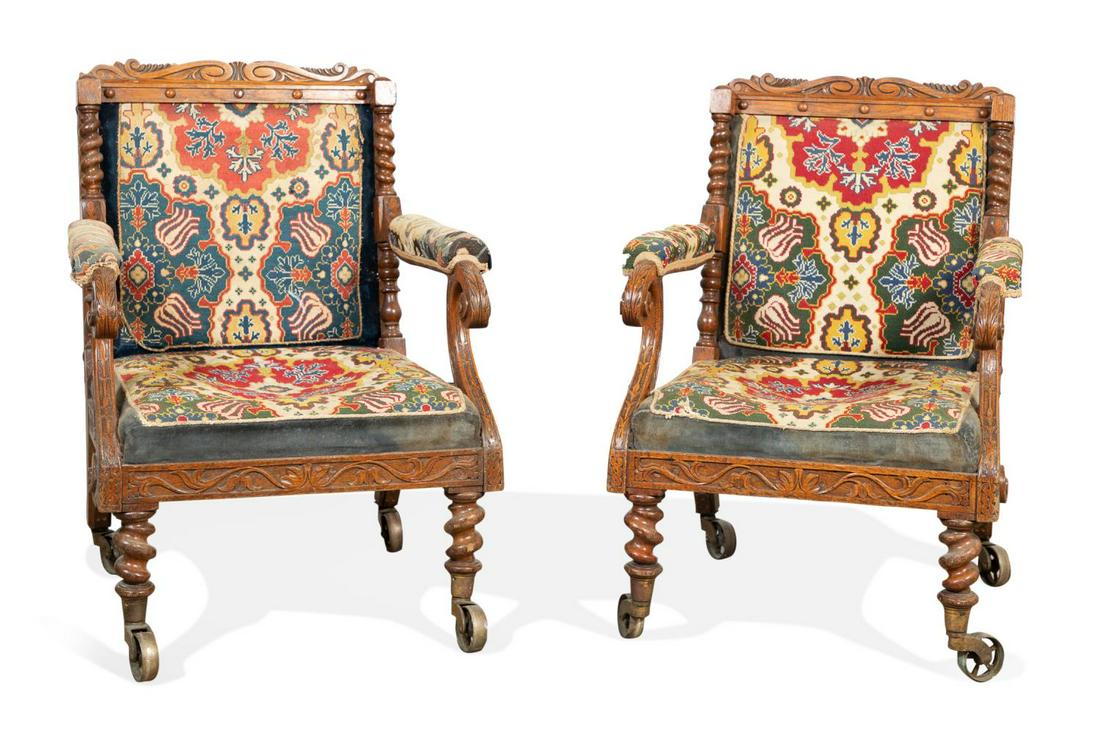 PR., 19TH C. OAK NEEDLEPOINT LIBRARY ARMCHAIRS (1 of 8)