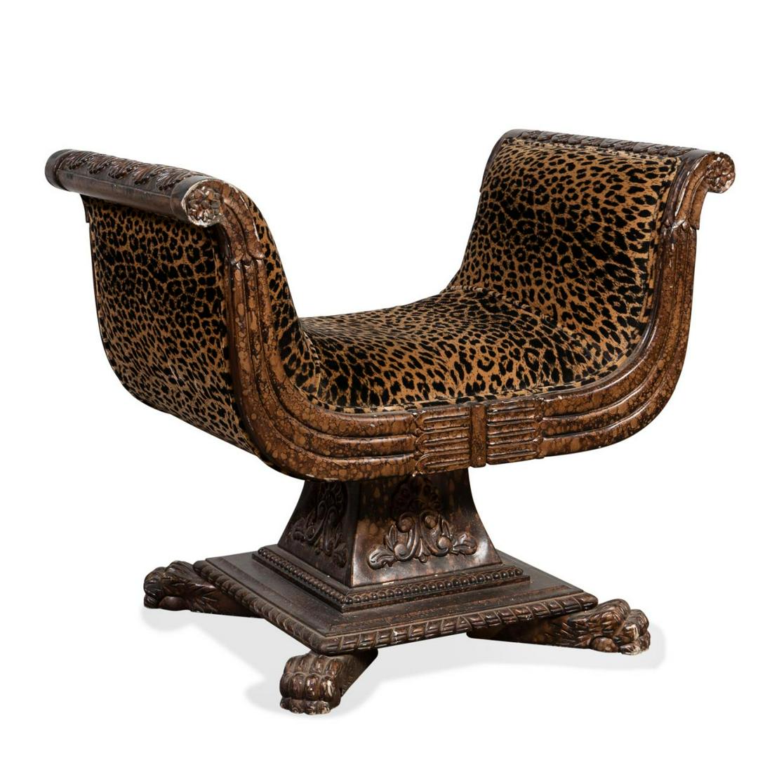 REGENCY STYLE CURULE BENCH, CHEETAH UPHOLSTERY (1 of 5)
