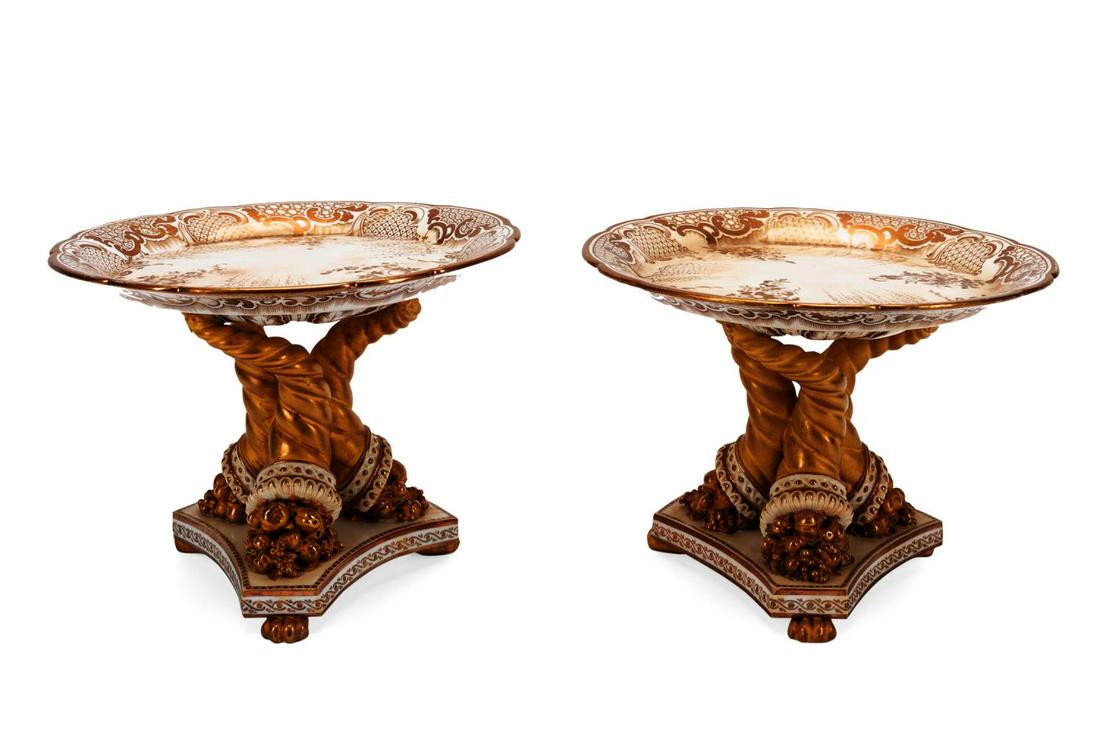 PAIR OF BLOOR DERBY CORNUCOPIA TAZZA, C. 1825-1848: Royal Crown Derby pair of Bloor era porcelain tazzas circa 1825-1848, each having gilt floral decoration on a tripartite cornucopia stem with paw feet, marked to the underside. Approx. of one, h. 6.25