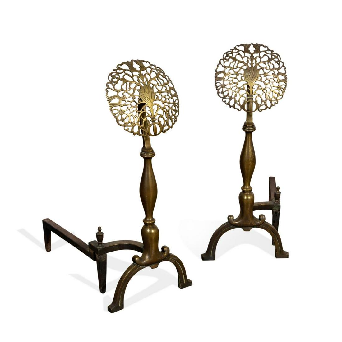 PR., ARTS & CRAFTS PERIOD SUNFLOWER BRASS ANDIRONS (1 of 5)
