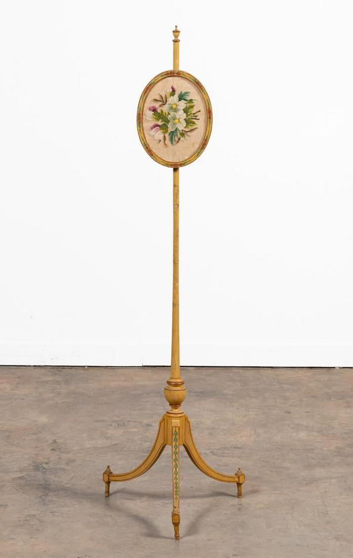 SHERATON STYLE PAINTED NEEDLEWORK FIRE POLE SCREEN (1 of 5)
