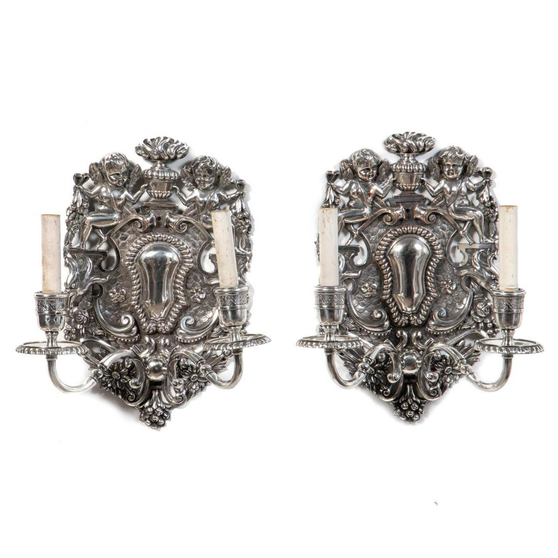 PR., E.F. CALDWELL TWO-LIGHT SILVERPLATE SCONCES (1 of 4)