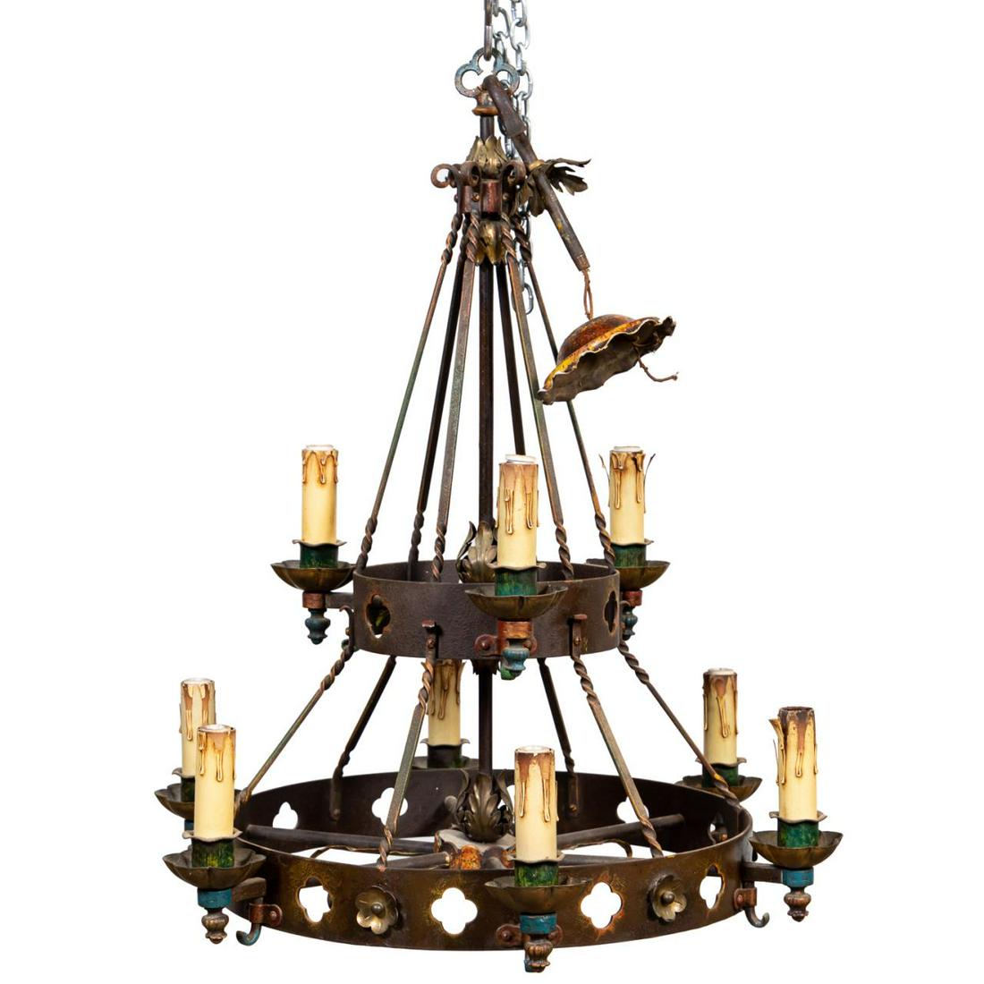 TUDOR REVIVAL TWO TIER IRON CHANDELIER, C. 1925 (1 of 5)