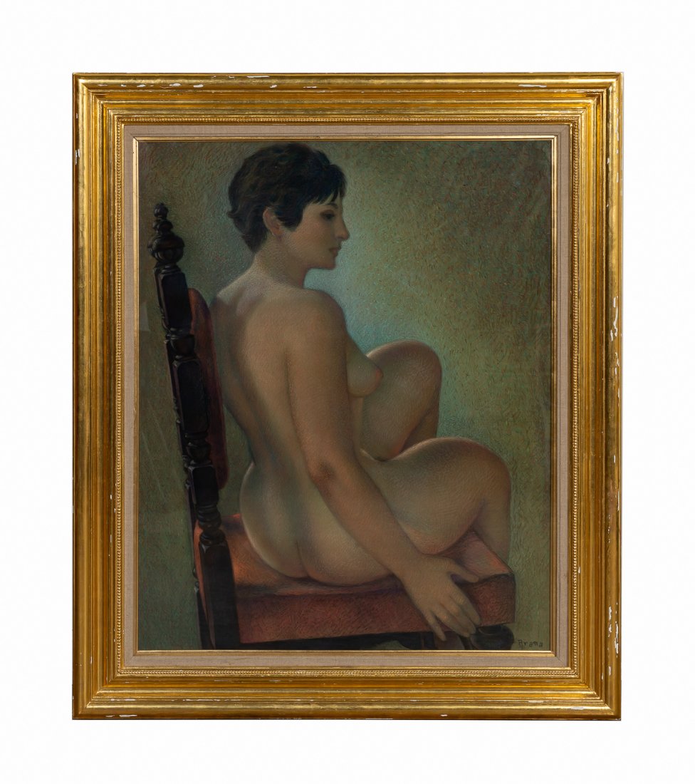 ALFONSO ARANA, FEMALE NUDE, FRAMED PASTEL: Alfonso Melendez Arana (American/Puerto Rican 1927-2005), undated and untitled pastel on artist board, portrait depicting a seated female nude, signed lower right, framed. Board approx. h. 40", w. 31.