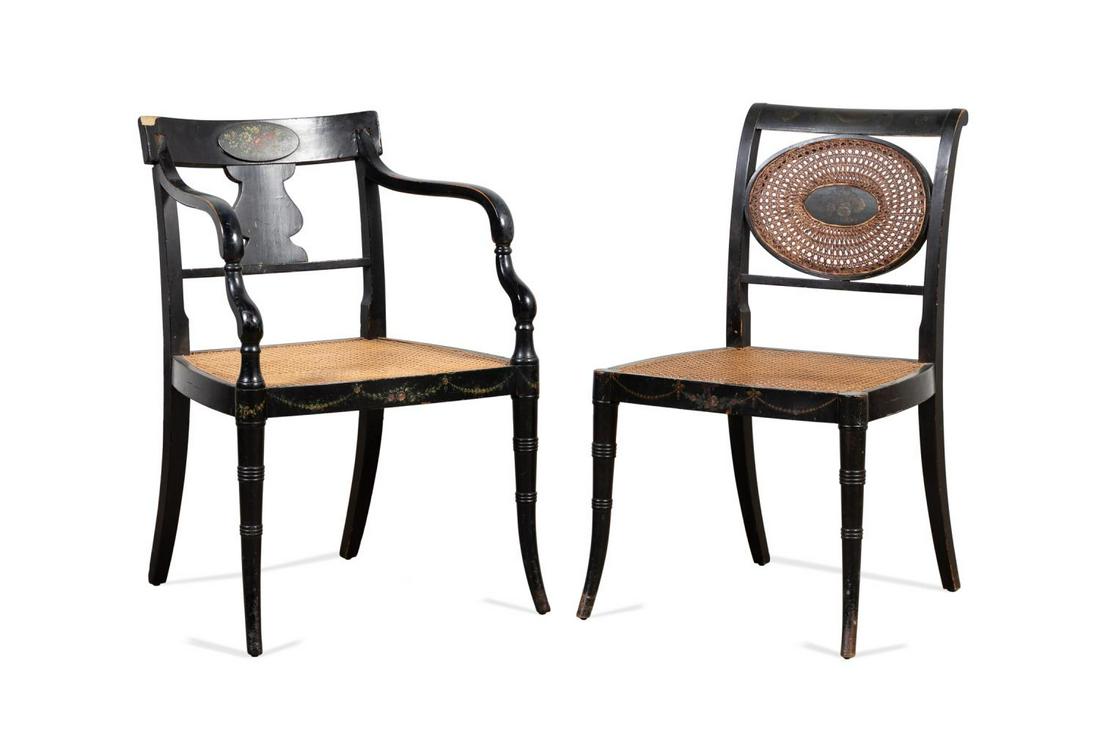 TWO EBONIZED FLORAL PAINTED CANED CHAIRS (1 of 9)