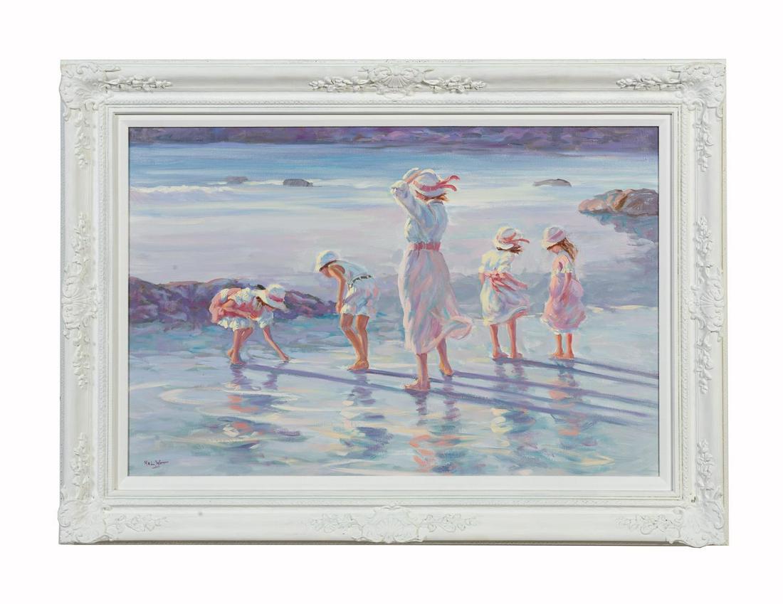 HAROLD WATT, "GIRLS PLAYING ON BEACH", O/C (1 of 3)