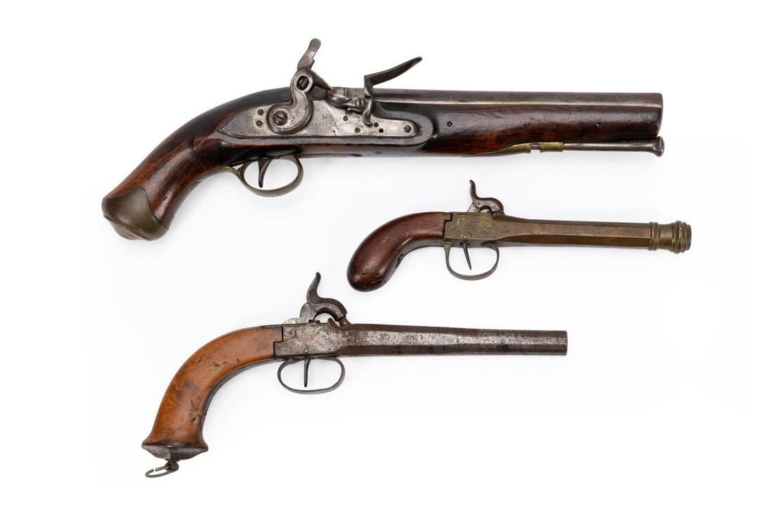 3 ANTIQUE PISTOLS, TWO PERCUSSION & ONE FLINTLOCK: Group of three antique pistols, comprising one Belgian single shot percussion pistol with brass octagonal barrel, ribbed muzzle and etched decoration, one continental single shot steel barrel percussi