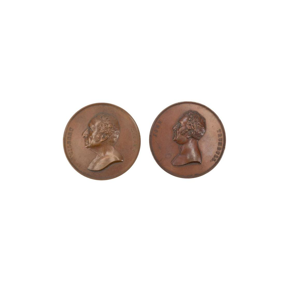 MID-19TH C. AMERICAN ART UNION BRONZE MEDALS, 2PC: American Art Union, mid-19th century, group of two bronze medals in cases, struck by the United States Mint, depicting the artists Gilbert Stuart (American 1755-1828), 1848, engraver Charles Cushing W