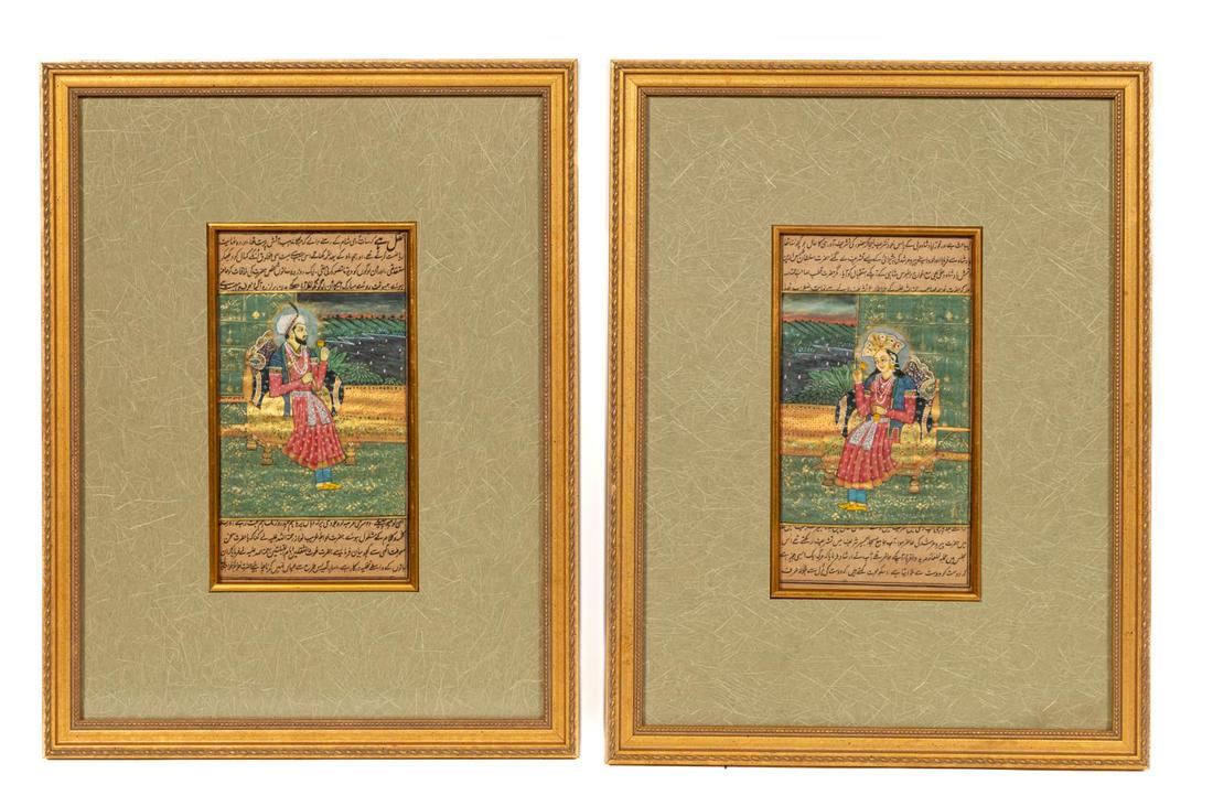 PAIR INDO-PERSIAN ILLUSTRATED MANUSCRIPT PAGES: Pair Indo-Persian illustrated manuscript pages, executed in ink, gouache and gilt on paper, depicting a bride and groom drinking wine, framed. Provenance: From the Private Collection Harry R. Greenbla