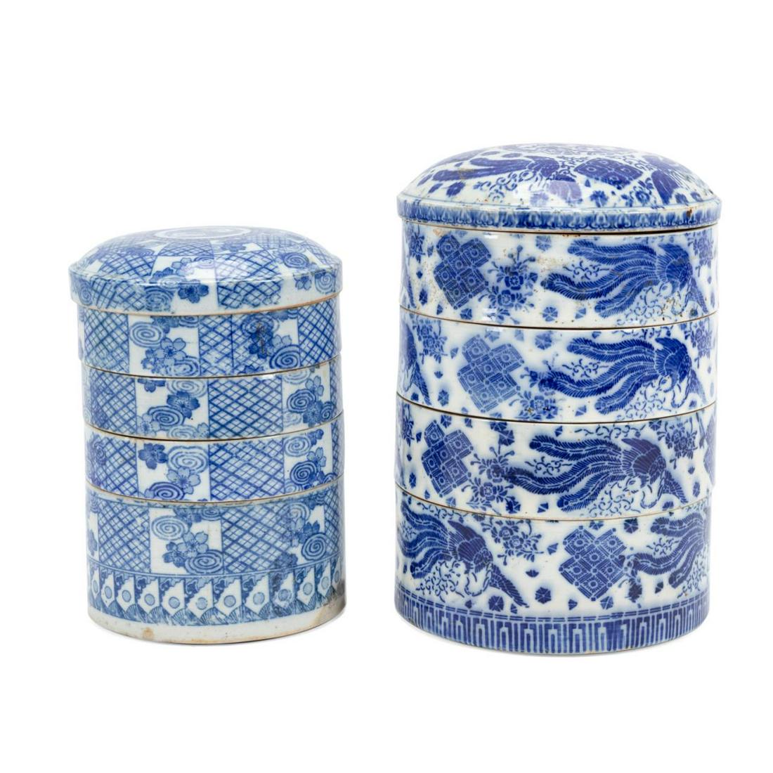 TWO JAPANESE BLUE AND WHITE STACKING BOXES (1 of 7)