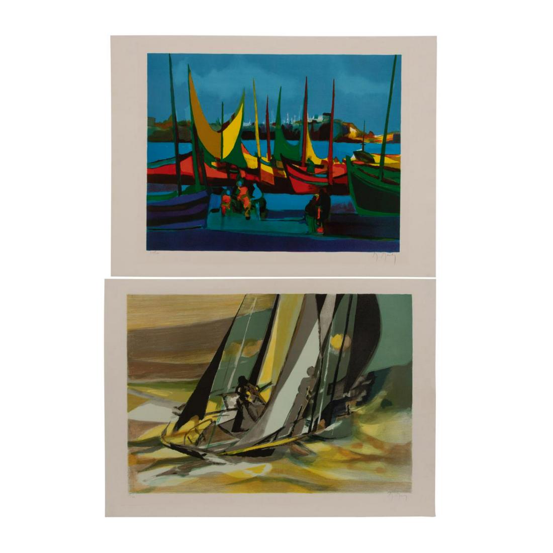 TWO MARCEL MOULY UNFRAMED LITHOGRAPHS: Marcel Mouly (French 1918-2008), two unframed boat scene lithographs; "Voilier en Mer" in green and yellow tones, pencil signed and numbered 55/220 to lower margin, and "Madere" depicting boats and fi