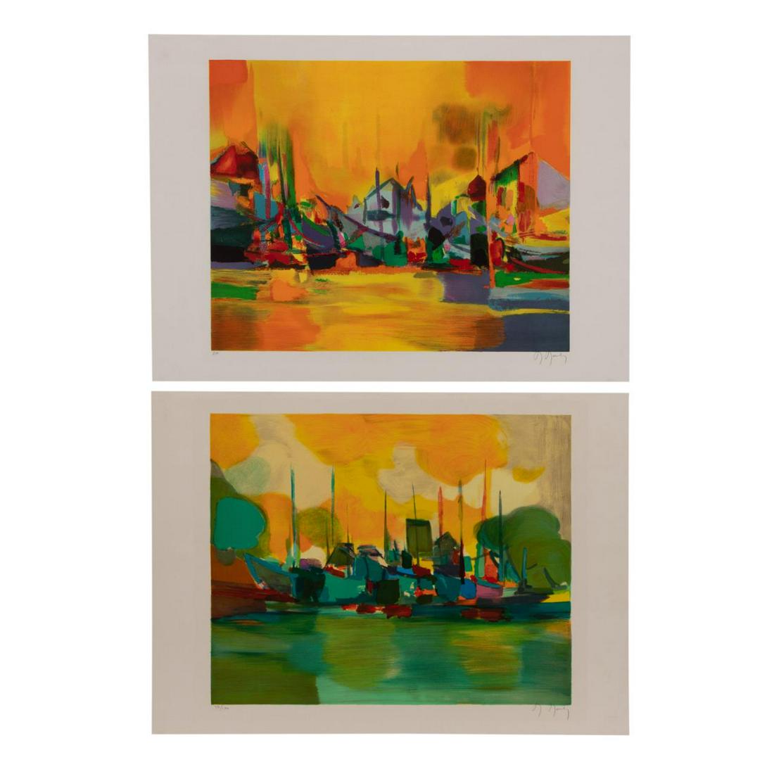 TWO MARCEL MOULY UNFRAMED PORT SCENE PRINTS: Marcel Mouly (French 1918-2008), two unframed orange and yellow tone port scene color lithographs on paper, pencil signed and numbered 37/150 and EA to lower margin. Approx. h. 21.5", w. 29.5".