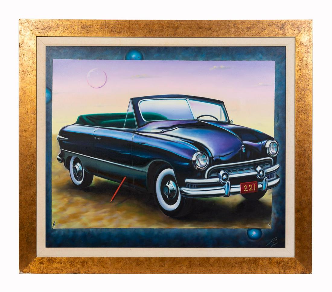 FERJO "CLASSIC ILLUSIONS", ACRYLIC ON CANVAS: Fernando de Jesus Oliveiro "Ferjo" (American / Brazilian b. 1946), "Classic Illusions", undated, large scale painting depicting a 1950s Ford Custom Deluxe convertible, set in a landscape with a large