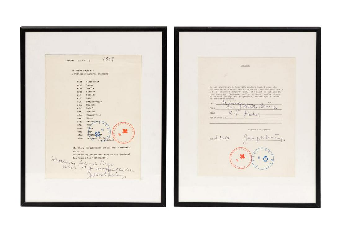 TWO SIGNED JOSEPH BEUY DOCUMENTS, FRAMED (1 of 3)