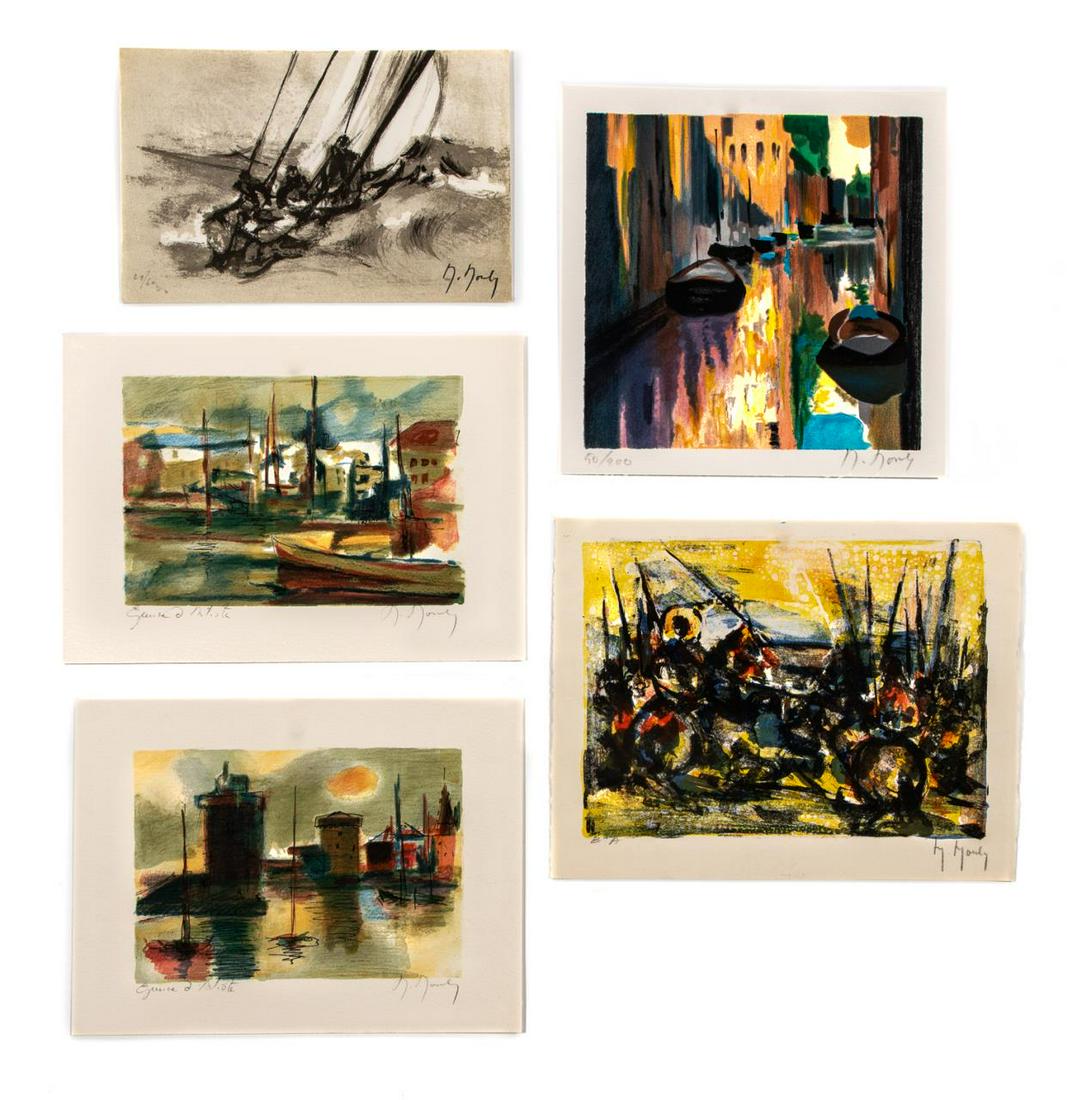 FIVE SMALL UNFRAMED MARCEL MOULY LITHOGRAPHS: Marcel Mouly (French 1918-2008), five small unframed figural and boat or seascape scene color and black and white lithographs, pencil signed and numbered to lower margin. Approx. smallest h. 5.625", w