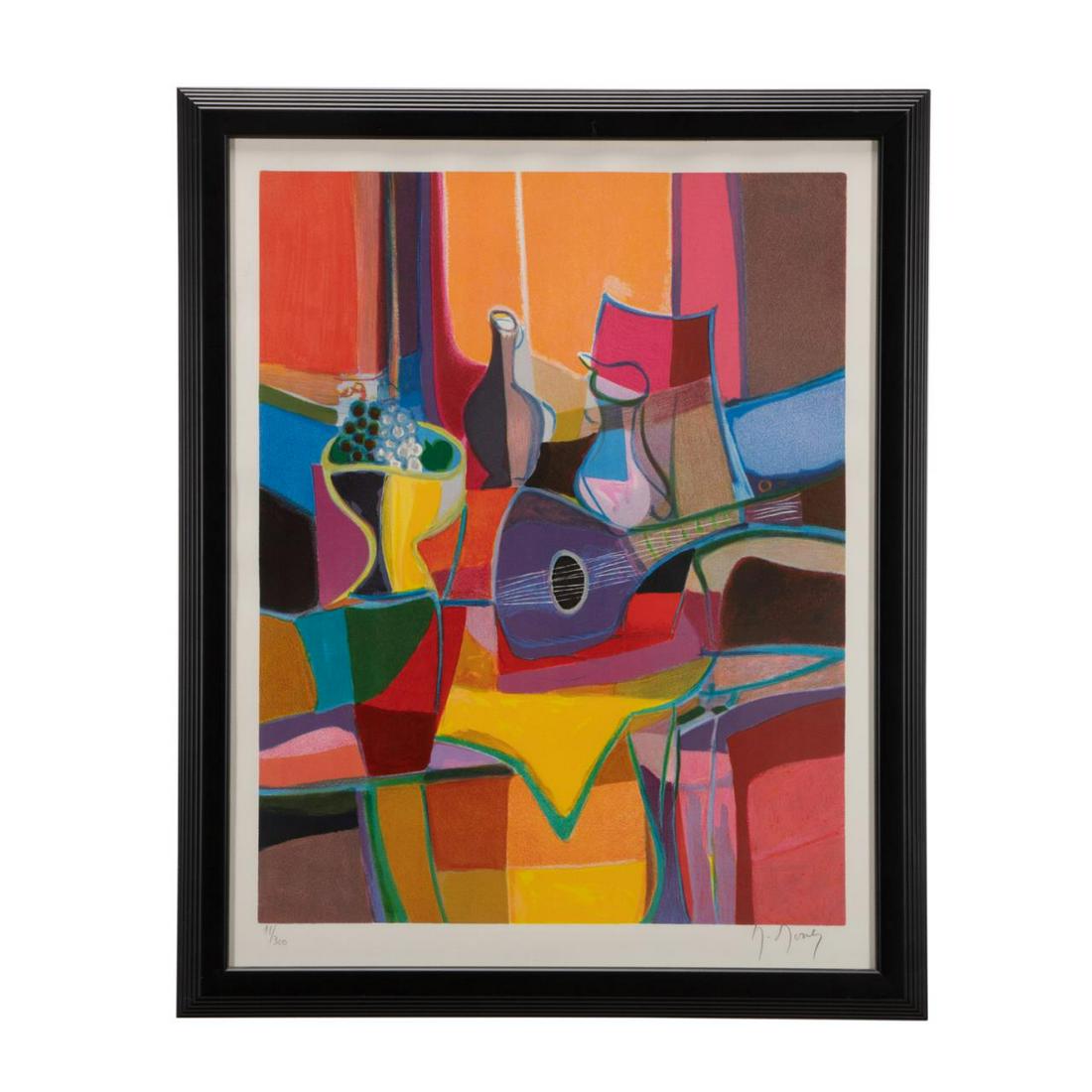 MARCEL MOULY MANDOLIN STILL LIFE LITHOGRAPH: Marcel Mouly (French 1918-2008), "Mandolin Mauve et Compotier", color lithograph on paper, signed and number 11/300 to lower margin, framed. Approx. sight h. 24.5", w. 18.75".