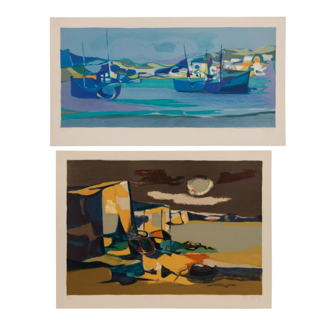 TWO MOULY UNFRAMED PRINTS, BOATS & LANDSCAPE: Marcel Mouly (French 1918-2008), two color lithographs on paper, "Blue Boats on the Water", signed and numbered 35/150 to lower margin, and "Untitled Landscape in Brown", signed and numbered 116/150 t