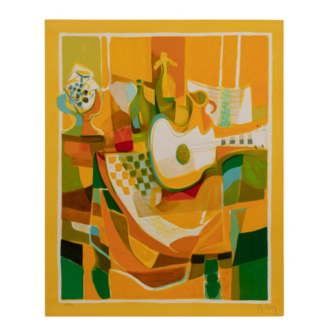 MARCEL MOULY "LA GRADE GUITARE BLANCHE" LITHOGRAPH: Marcel Mouly (French 1918-2008), "La Grande Guitare Blanche", 1992, color lithograph on paper, yellow and orange tone still life, pencil signed and numbered 291/300 to lower margin, unframed. Approx.