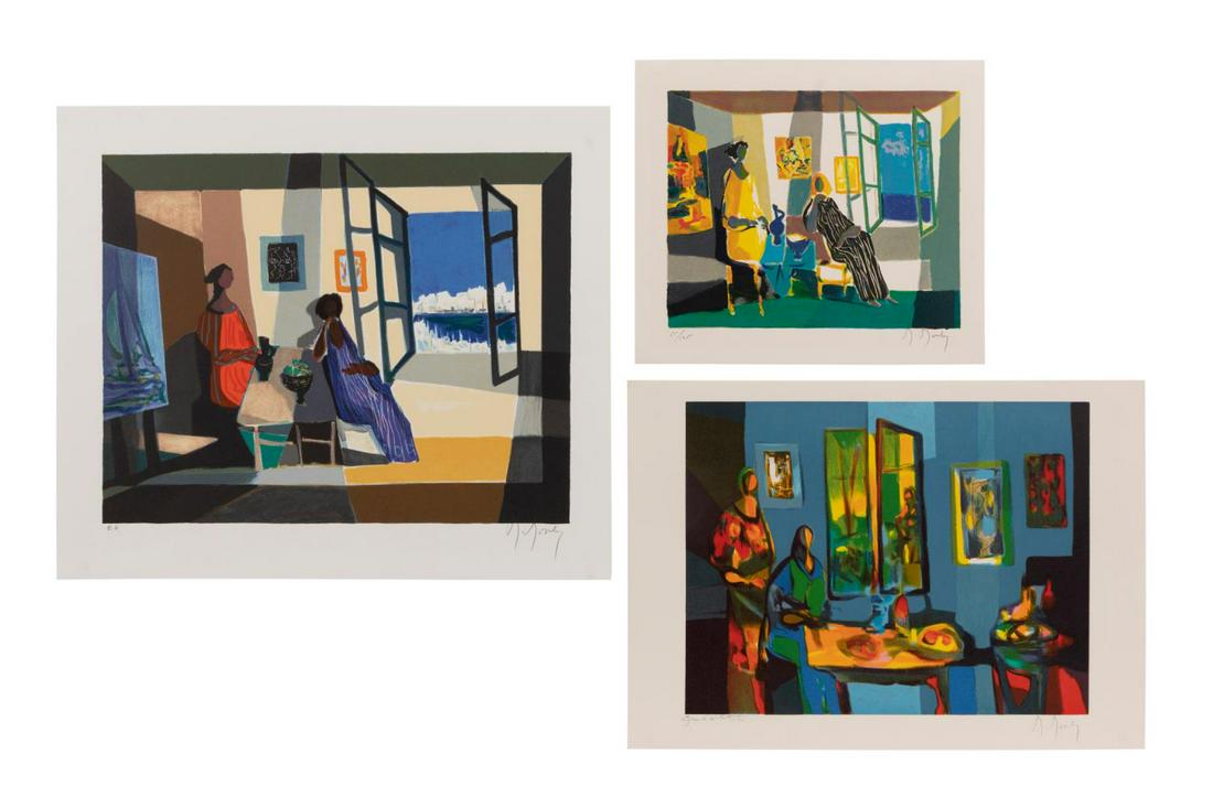 THREE MARCEL MOULY UNFRAMED FIGURAL PRINTS: Marcel Mouly (French 1918-2008), three unframed figural and interior scene color lithographs; "Blue Open Window" signed and editioned Epreuve d'artiste to lower margin, "Yellow Open Window", signed an