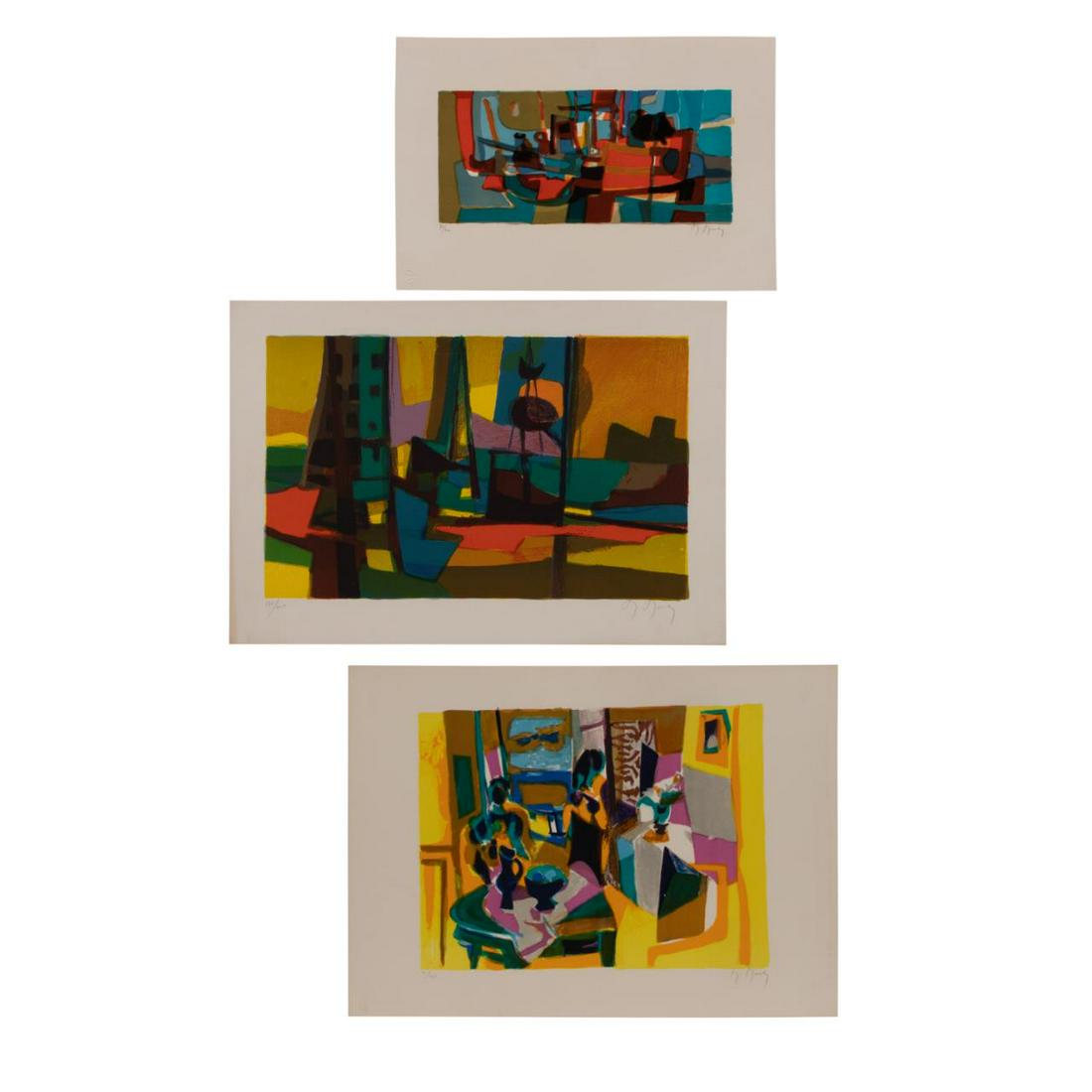 THREE MARCEL MOULY UNFRAMED CUBIST LITHOGRAPHS: Marcel Mouly (French 1918-2008), three unframed color lithographs; "Cubist Still Life", pencil signed and numbered 76/200 to lower margin, "Harborside", pencil signed and numbered 177/995 to lower mar