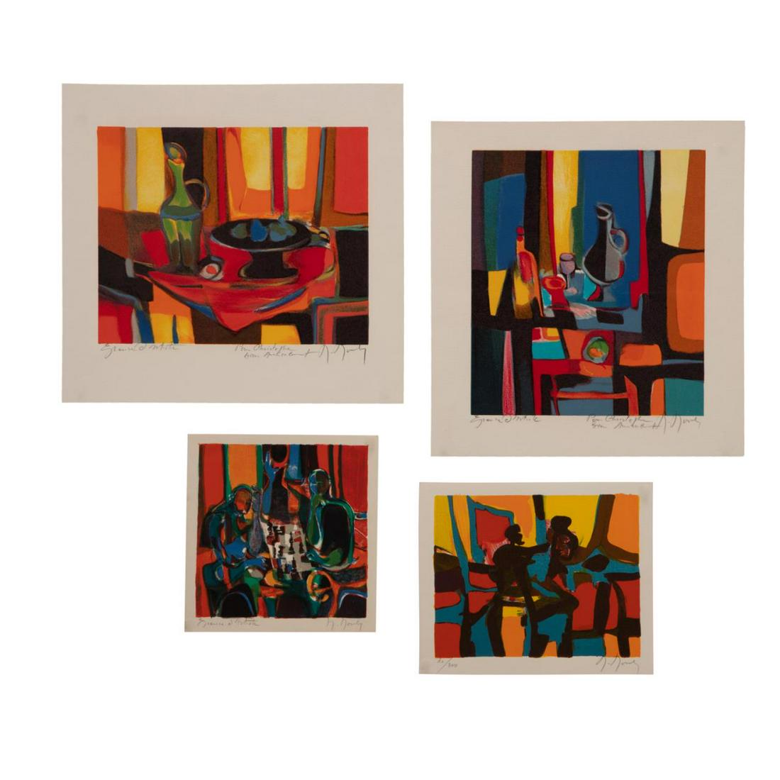 FOUR MOULY UNFRAMED PRINTS, FIGURAL & STILL LIFE: Marcel Mouly (French 1918-2008), four unframed color lithographs, comprising two figural musician scenes and two still lifes, all four pencil signed to lower right and two with inscriptions. Approx. s