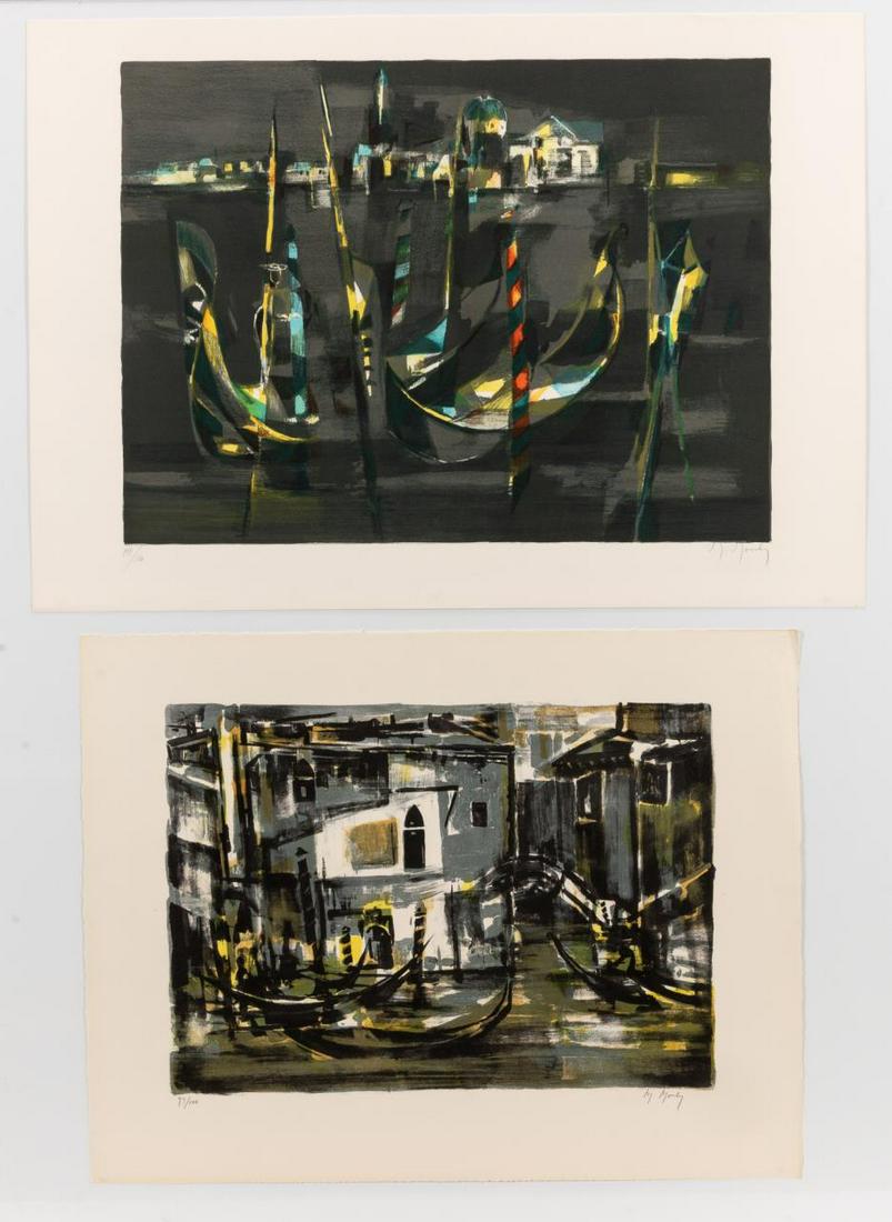 TWO MARCEL MOULY UNFRAMED LITHOGRAPHS, GONDOLAS: Marcel Mouly (French 1918-2008), two unframed gondola scene lithographs; "Gondolas in San Giorgio" a night scene on the water, signed and numbered 139/180 to lower margin, and "Gondolas Venice" in bla