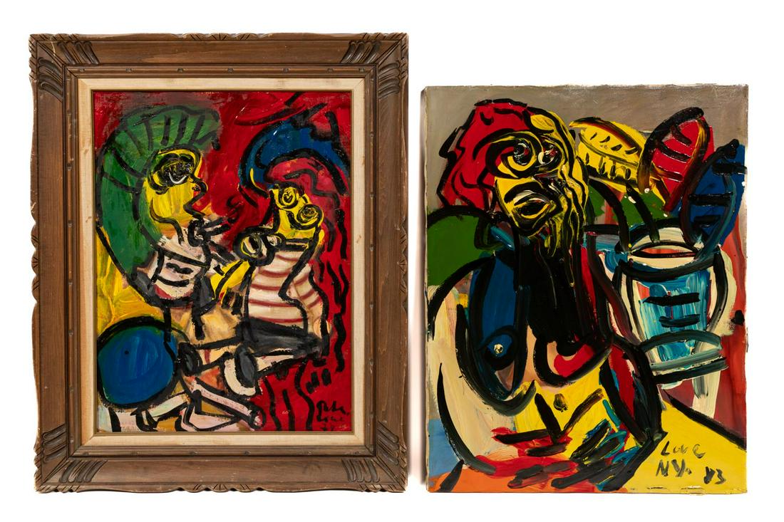 TWO PETER KEIL ABSTRACT FIGURAL WORKS, 1 UNFRAMED: Peter Keil (German, born 1942), two figural paintings comprising "Dancing" 1978, oil on canvas board, two figures dancing on red background, and "Nude Abstract", 1983, oil on canvas, depicting an abst