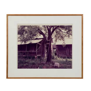 WILLIAM CHRISTENBERRY ALABAMA PHOTOGRAPH, 1988: William Christenberry (American 1936–2016), "Ladder and Old House, Near Moundville, Alabama", 1988, color photograph depicting a slat sided house and a wood ladder against a tree, apparently unsigne