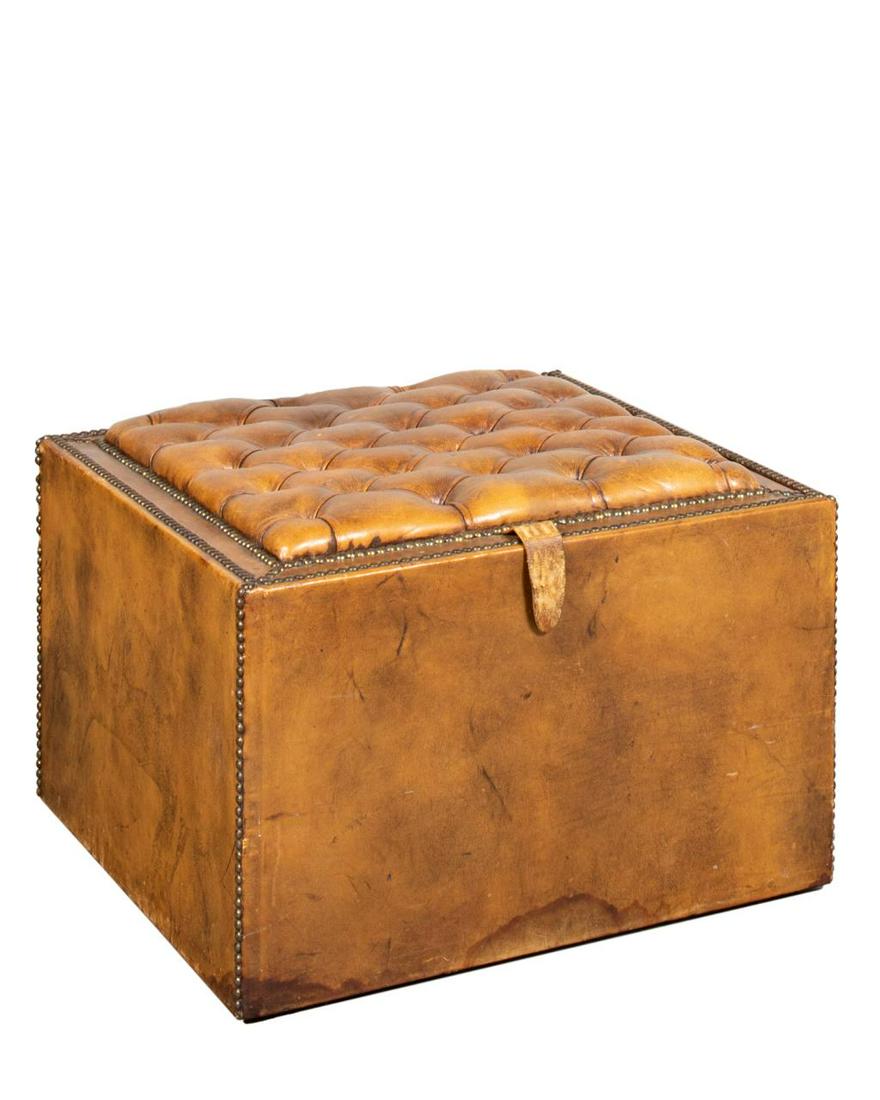 TAN CHESTERFIELD TUFTED LEATHER STORAGE OTTOMAN (1 of 10)