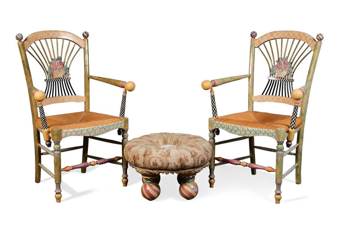 MACKENZIE-CHILDS PAIR OF ARMCHAIRS & TUFFET (1 of 8)