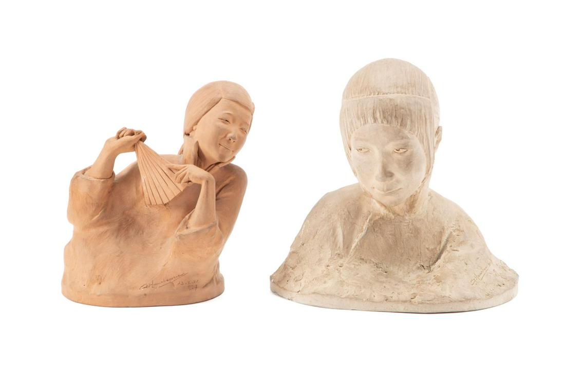 GASTON HAUCHECORNE TWO TERRACOTTA SCULPTURES: Gaston Hauchecorne (French 1880-1945), untitled, first half 20th century, terracotta group of two sculptures of Chinese woman, one wearing a high collar, signed and dated at right, 1925, and one holdi
