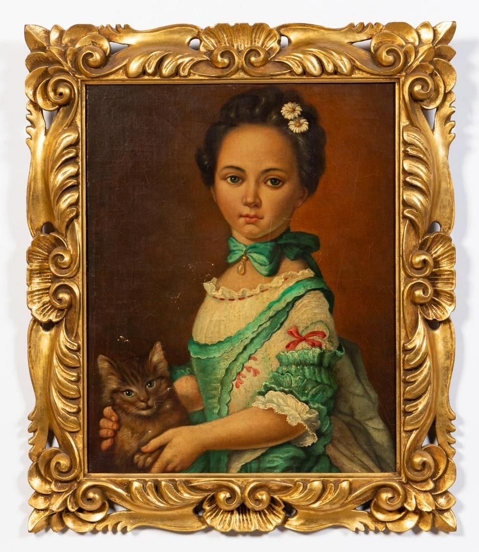 LOUIS XV STYLE OIL PORTRAIT OF A GIRL WITH KITTEN (1 of 4)