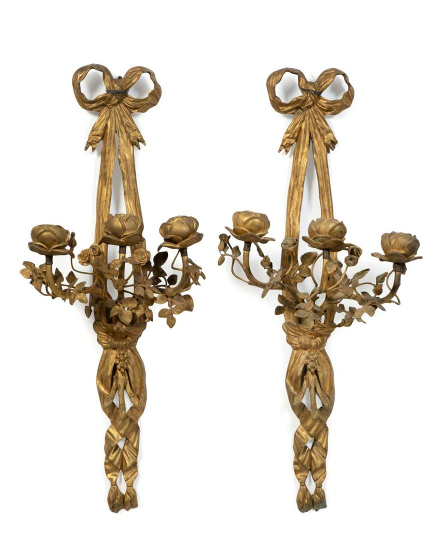 PAIR OF LOUIS XV STYLE THREE LIGHT BRONZE SCONCES (1 of 7)