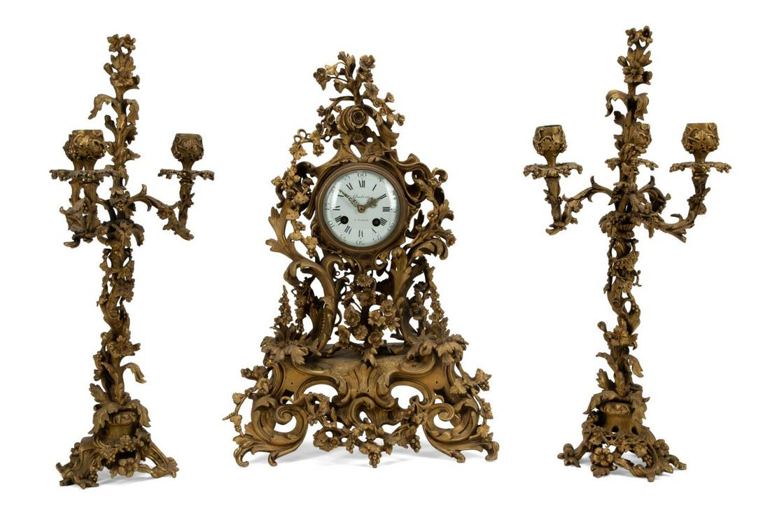 3PC 19TH C. LOUIS XV STYLE CLOCK GARNITURE SET (1 of 10)