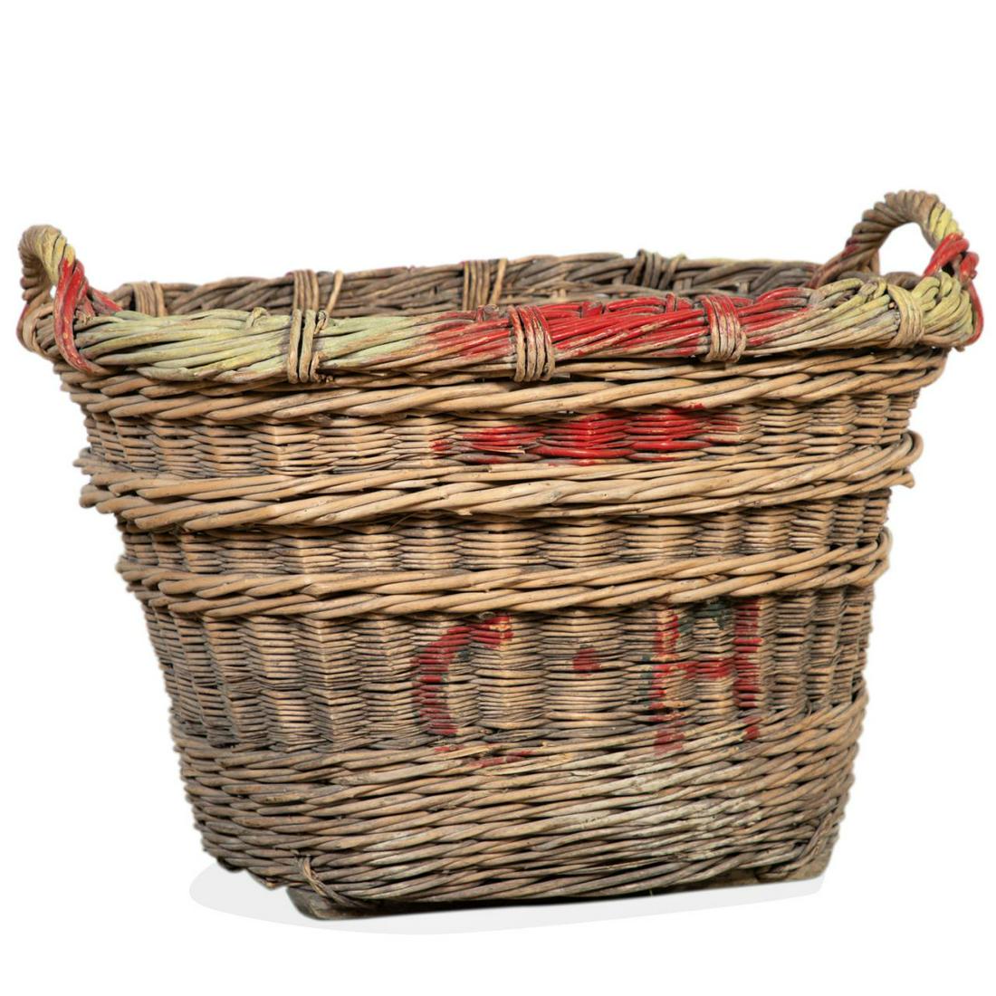 OVERSIZED FRENCH WOVEN PAINT DECORATED BASKET (1 of 8)
