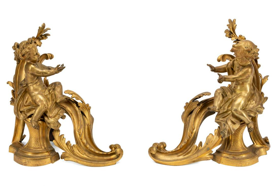 PAIR LOUIS XV STYLE GILT BRONZE PUTTI CHENETS (1 of 5)
