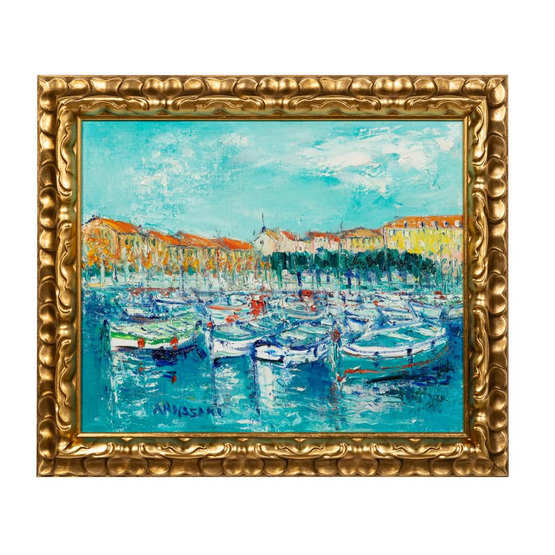 YOLANDE ARDISSONE TOWN HARBOR SCENE, FRAMED OIL (1 of 3)