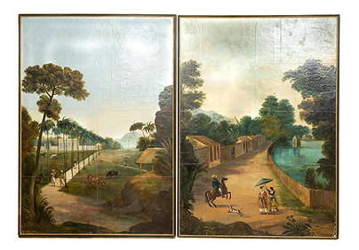 PAIR 19TH C. LARGE TROPICAL SCENE WALLPAPER PANELS (1 of 7)