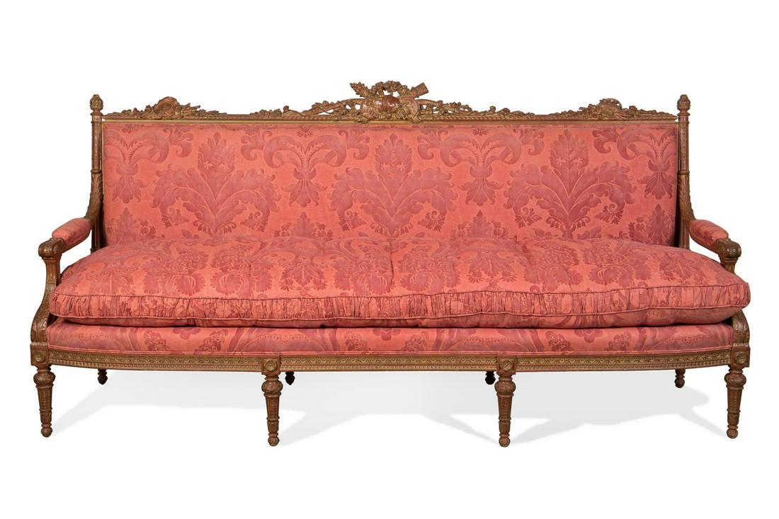 FRENCH LOUIS XVI STYLE RED DAMASK LONG SOFA (1 of 9)