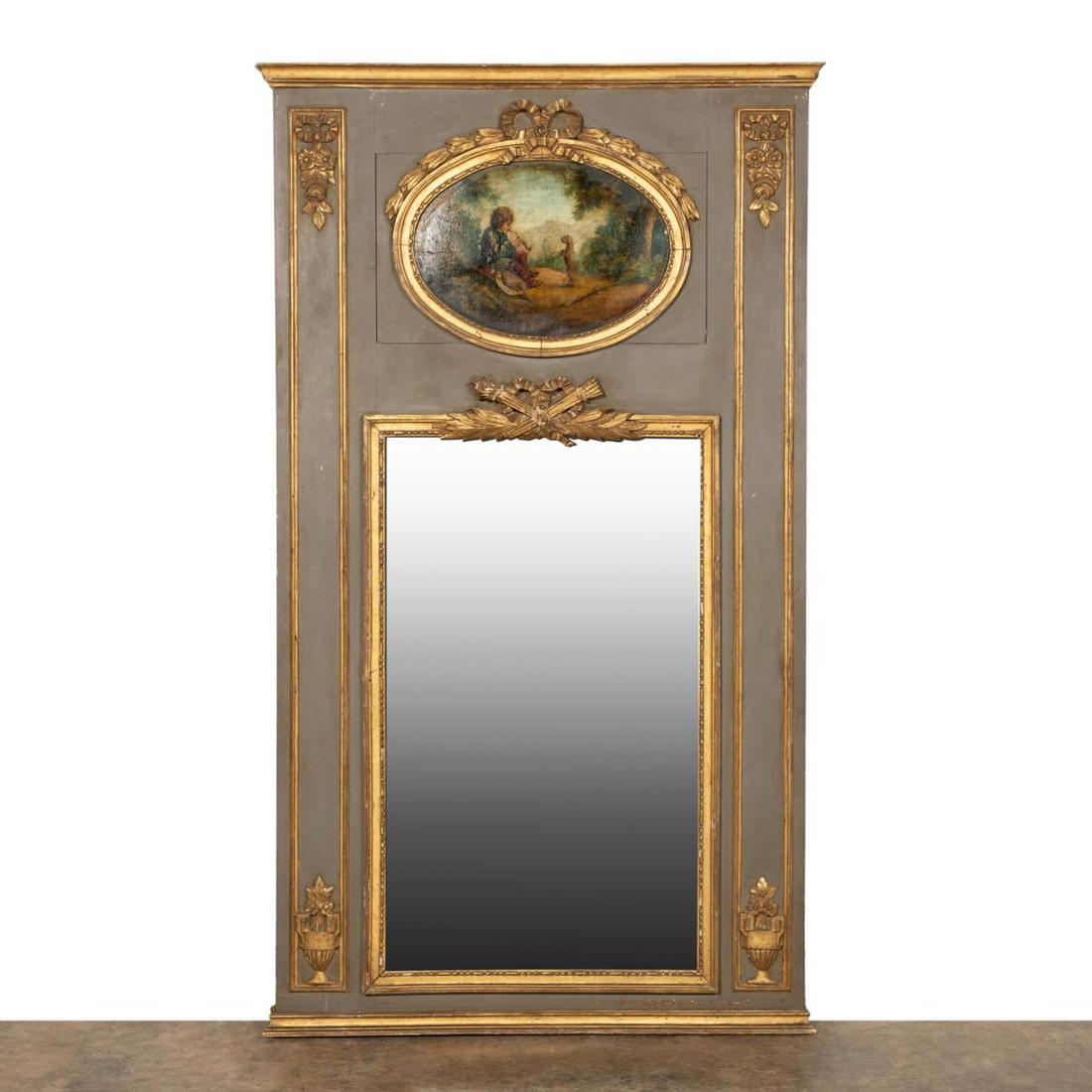 LOUIS XVI STYLE TRUMEAU MIRROR WITH SHEPHERD & DOG (1 of 5)