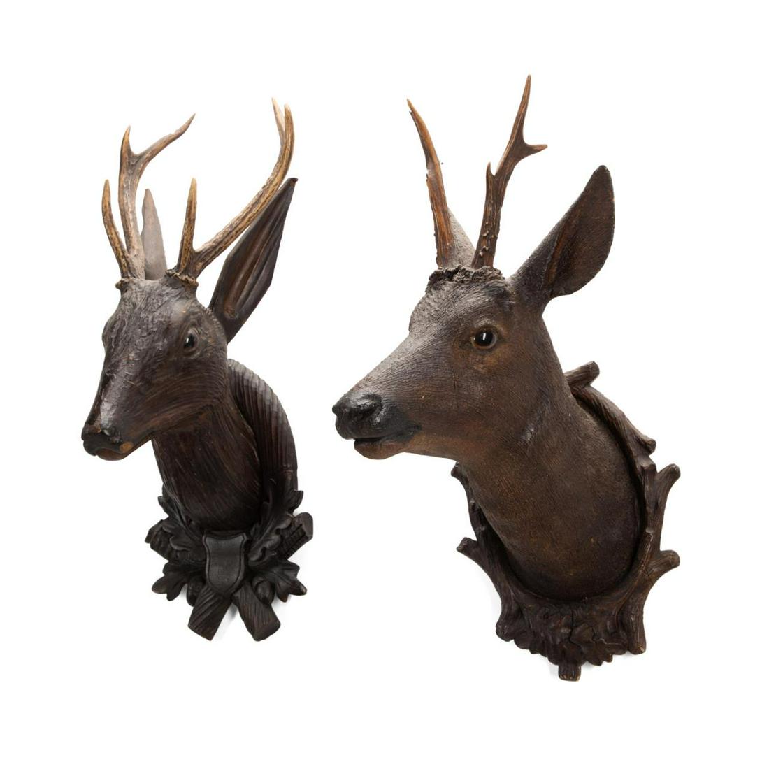 TWO CARVED BLACK FOREST WOODEN DEER HEAD TROPHIES (1 of 8)