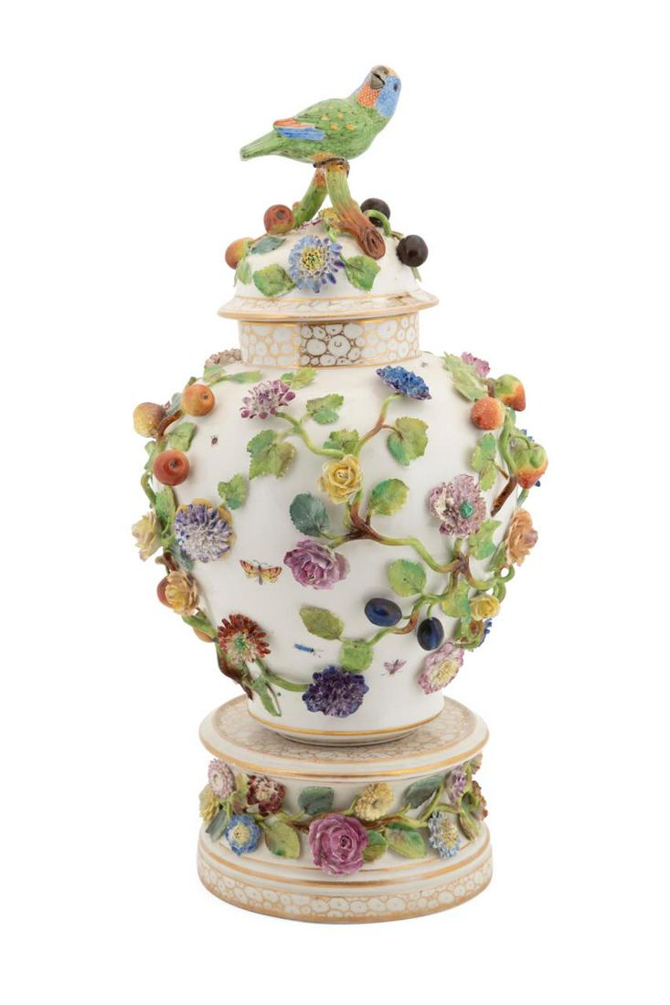 MEISSEN STYLE FLORAL ENCRUSTED LIDDED URN ON STAND (1 of 9)