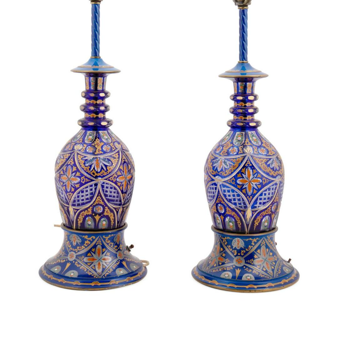 PAIR OF BOHEMIAN COBALT DECANTERS MOUNTED AS LAMPS (1 of 6)