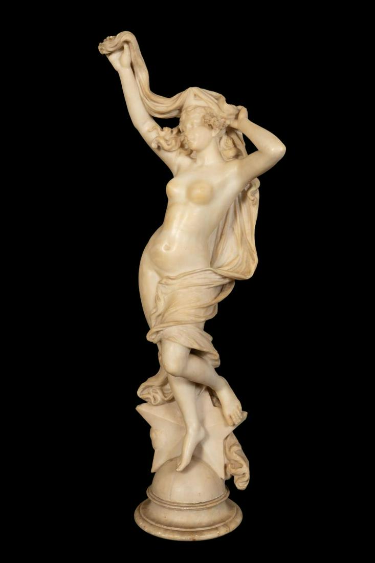 BATTIGLIA DRAPED NUDE ALABASTER SCULPTURE: E. Battiglia (Italian 19th / 20th century), carved alabaster sculpture depicting a draped nude female rising above a star and half moon, signed to back of base. Approx. h. 39.25", w. 13", d. 9".