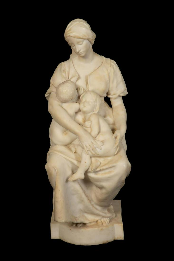 AFTER PAUL DUBOIS "MATERNITY" ALABASTER SCULPTURE: After Paul Dubois (French 1829-1905), "Maternity", carved alabaster sculpture depicting a mother feeding a child with another child sitting on her opposite knee, signed "P. Dubois" en verso Approx. h.