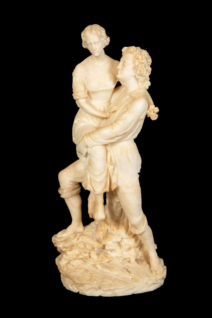 ITALIAN "YOUNG COUPLE" CARVED ALABASTER SCULPTURE: Italian School "Young Couple", carved alabaster sculpture depicting a young man with a young woman seated on his knee, apparently unsigned. Approx. h. 26", w. 11", d. 6.5".