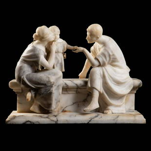 GUGLIELMO PUGI ROMAN FAMILY ALABASTER SCULPTURE: Guglielmo Pugi (Italian 1850-1915), untitled, 19th/20th century, alabaster, sculpture modeled as a Roman family seated on a bench, on plinth base, signed to the back of bench. Approx. h. 18.5", w. 25.